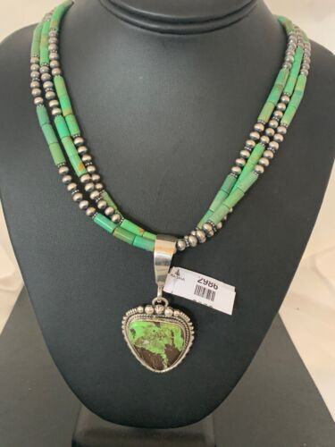 Navajo Pearls Sterling Silver Green Gaspeite Pendant Turquoise Necklace Set | Multi-Strand | 2986