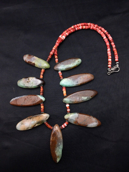 Navajo Green Chrysoprase & Spiny Oyster Necklace | Sterling Silver | 20" | Authentic Native American Handmade | 4284