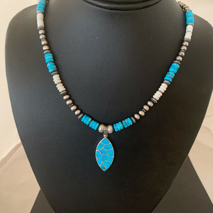 Zuni Turquoise Howlite Inlay Necklace Pendant | Sterling Silver | Authentic Native American Handmade | 02091
