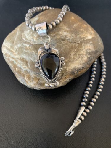 Native American Men's Navajo Pearls Necklace Pendant | Sterling Silver Black Onyx | 13099