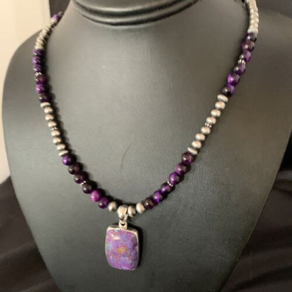 Navajo Pearl Purple Mojave Turquoise Onyx Pendant Necklace | Sterling Silver | Native American Handmade | 13402