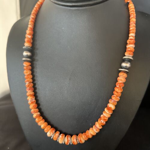 Navajo Orange Spiny Oyster Necklace | Sterling Silver Pearls | 20" | Authentic Native American Handmade | 14645