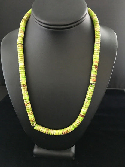 Navajo Green Gaspeite Heishi Necklace | Sterling Silver | 20" | Authentic Native American Handmade | 1734