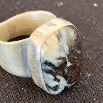 Navajo Men's White Black Cinnabrite Ring | Sterling Silver | Sz 6.5 | Authentic Native American Handmade | 1551