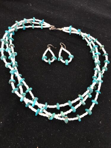Navajo Sterling Silver 3-Strand Turquoise Necklace with Bone Earrings Set | Authentic Native American Handmade