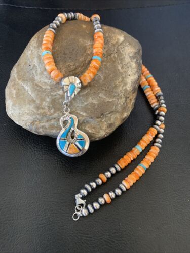 Navajo Pearls Necklace with Orange Spiny Oyster & Turquoise Pendant | Sterling Silver | Authentic Native American | 20" | 12703