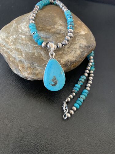 Navajo Pearl Necklace with Blue Kingman Turquoise Pendant | Sterling Silver | 11739
