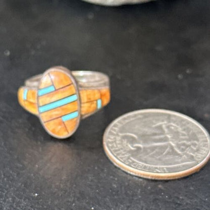 Navajo Blue Turquoise Spiny Oyster Inlay Ring | Sz 6.5 | Authentic Native American Handmade | 14557