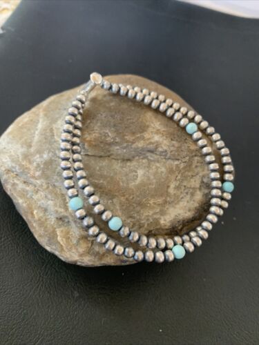 Southwestern Navajo Pearls Sterling Silver Blue Turquoise Bracelet | 2-Strand  | 7" | Authentic Native American