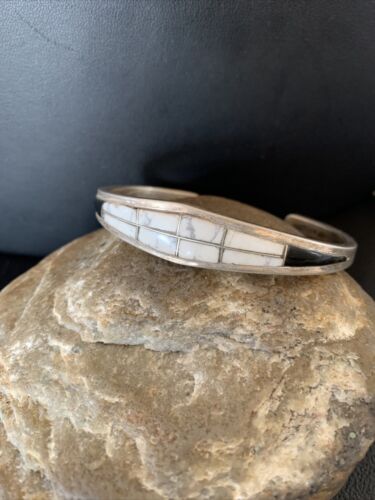 Men's Sterling Silver White Buffalo Turquoise Onyx Inlay Bracelet | Authentic Native American Handmade | 12101