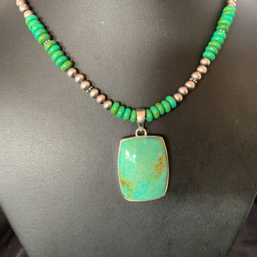 Navajo Green Turquoise Pendant Necklace | Sterling Silver Beads | Authentic Native American Handmade | 13304