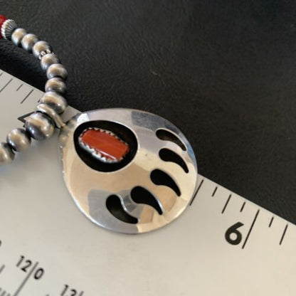Bear Paw Red Coral Pendant for Men | Navajo Pearl Sterling Silver | Authentic Native American Handmade | 12589