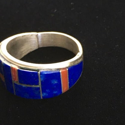 Navajo Multi-Stone Lapis Coral Inlay Ring | Sterling Silver | Sz 9.75 | Authentic Native American Handmade | 10102