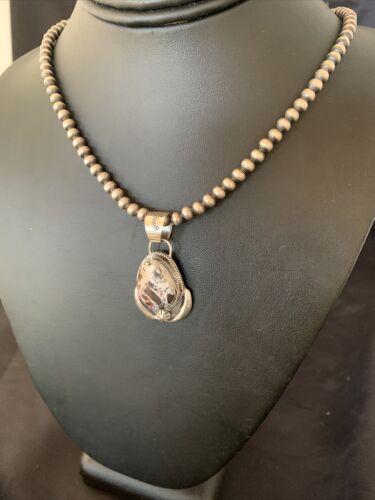 Navajo White Buffalo Turquoise Pendant Necklace | Sterling Silver | Authentic Native American Handmade | 11401