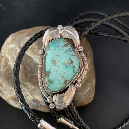 Navajo Green Royston Turquoise Bolo Tie | Sterling Silver | Authentic Native American Handmade | 14110