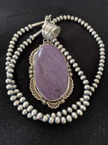 Southwestern Navajo Pearls Necklace | Sterling Silver Charoite Pendant | Authentic Native American Handmade | 1280
