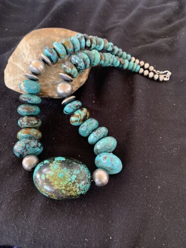 Navajo Pearl Graduated Sterling Silver Natural Blue Turquoise Necklace | Authentic Native American | 22" | 00706