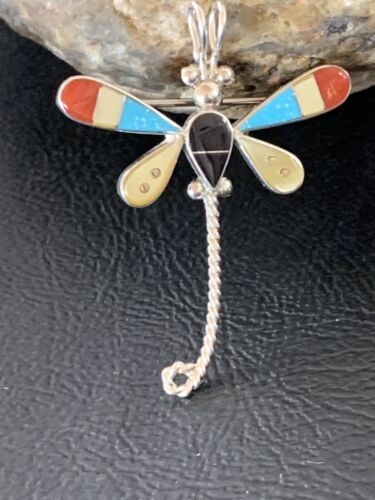 Zuni Turquoise & Yellow Mother of Pearl Inlay Dragonfly Sterling Necklace Pin Pendant | 12320