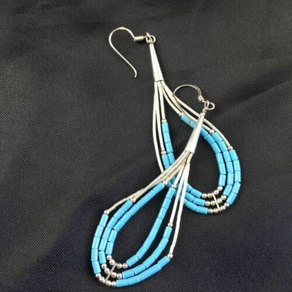 Native American Turquoise Heishi Tube Dangle Earrings | Sterling Silver | 2" | 8875