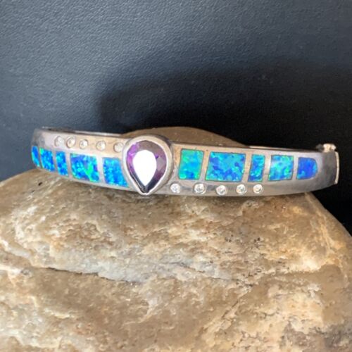 Southwestern Navajo Blue Opal Amethyst Bracelet | Sterling Silver | 7" | 13122
