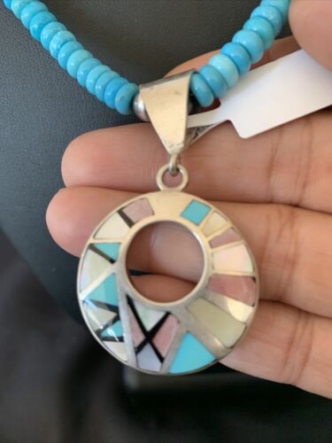 Blue Turquoise & Mother of Pearl Inlay Pendant | Sterling Silver Necklace | Navajo | 8904 - Masha USA