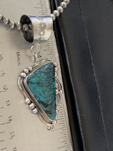 Men's Navajo Blue Spiderweb Turquoise Pendant Necklace | Sterling Silver | Authentic Native American Handmade | 10662