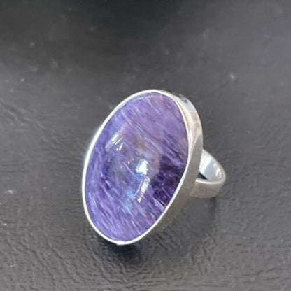 Navajo Women's Oval Purple Charoite Ring | Sterling Silver | Sz 8 Adjustable | Authentic Native American Handmade | 10567