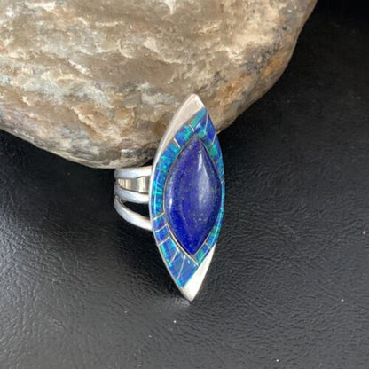 Native American Blue Lapis Opal Inlay Ring | Navajo Sterling Silver | Sz 9 | 12848