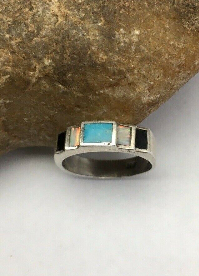 Southwestern Navajo Opal & Turquoise Inlay Ring | Sterling Silver | Sz 6 | 1719