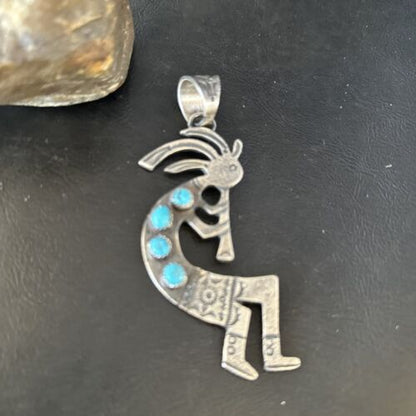 Navajo Kingman Turquoise Tufa Cast Kokopelli Pendant | Authentic Native American Sterling Silver | Multi-Stone | 14230