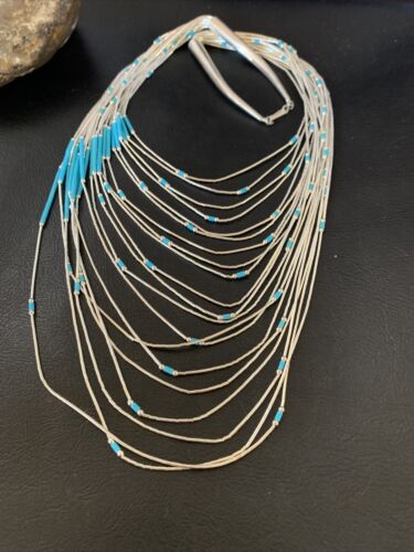 Turquoise Liquid Silver Heishi Necklace | 20 Strand Sterling Tube Pendant | Native American Handmade | 12296