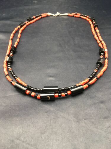 Southwestern Red Coral & Onyx 2-Strand Necklace | Navajo Sterling Silver | Authentic Native American Handmade | 4523