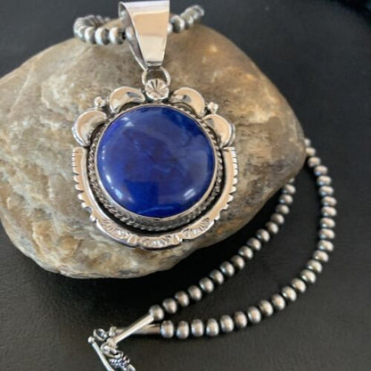 Native American Navajo Blue Lapis Pendant Necklace | Sterling Silver | Authentic Handmade | 11677 - Masha USA