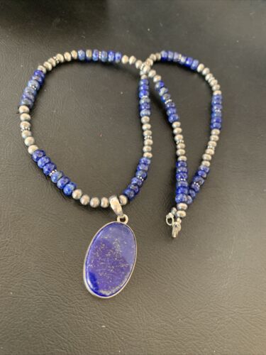 Native American Navajo Blue Lapis Pendant Necklace | Sterling Silver | Authentic Handmade | 11914 - Masha USA