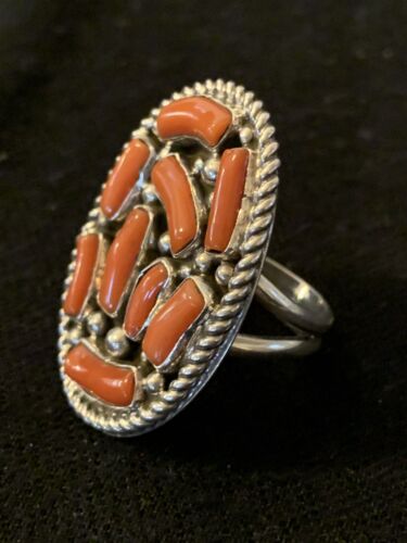 Navajo Red Coral Cluster Ring | Authentic Native American Sterling Silver | Multi-Stone | Sz 9 | 00509