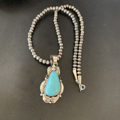 Men's Navajo Pearls Necklace with Blue Kingman Turquoise Pendant | Sterling Silver | Native American Handmade | 12592 - Masha USA