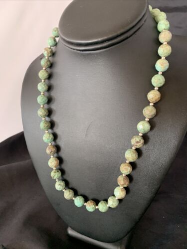 Navajo Pearls Necklace | Sterling Silver | Faceted Green Turquoise | Authentic Native American Handmade | 20" | 11737 - Masha USA