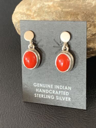 Native American Navajo Red Coral Dangle Earrings | Sterling Silver | 1" | 13114 - Masha USA