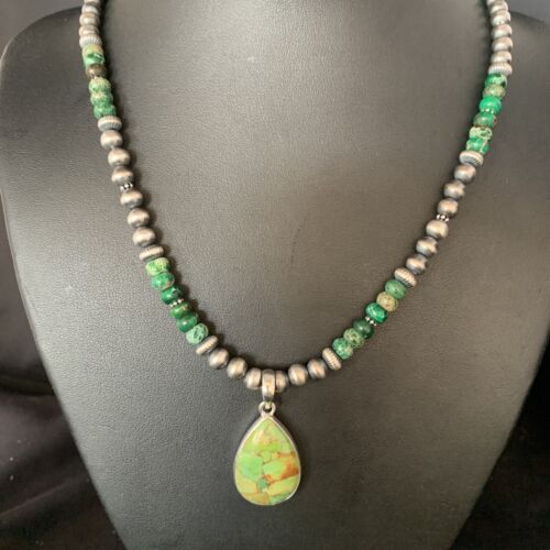 Navajo Pearls Green Mojave Turquoise Pendant Necklace | Sterling Silver | Native American Handmade | 13463