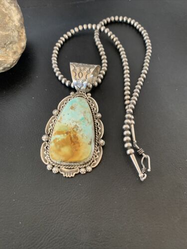 Navajo Royston Turquoise Pendant Necklace | Sterling Silver | Authentic Native American Handmade | 2129