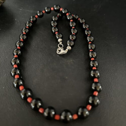 Men's Navajo Bamboo Coral Black Onyx Necklace | Sterling Silver | 20" | Authentic Native American Handmade | 14365