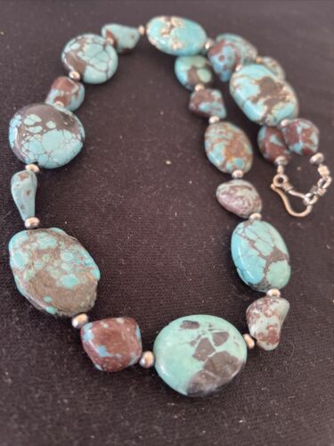 Navajo Chunky Turquoise #8 Necklace | Sterling Silver Pearls | Authentic Native American Handmade | 22" | 1242