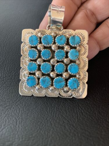 Navajo Blue Turquoise Cluster Pendant | Sterling Silver | 2" | Authentic Native American Handmade | 02098