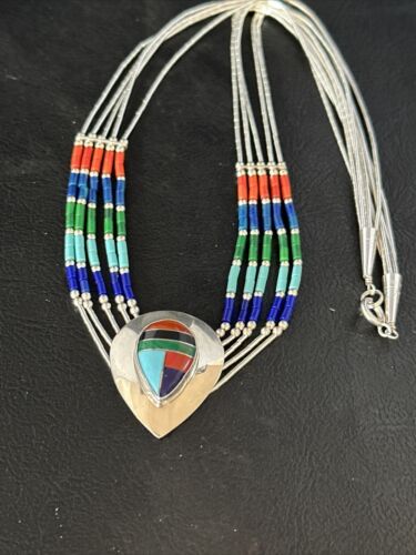 Multi-Color Liquid Silver Heishi 5-Strand Necklace | Sterling Silver Pendant | Native American Handmade | 14824 - Masha USA
