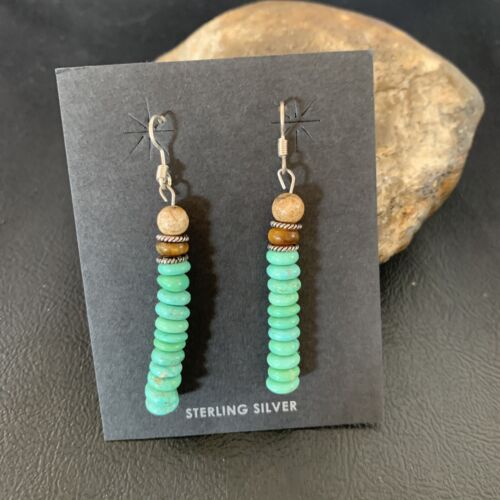 Navajo Green Turquoise & Picture Jasper Bead Earrings | Sterling Silver | Authentic Native American Handmade | 4080