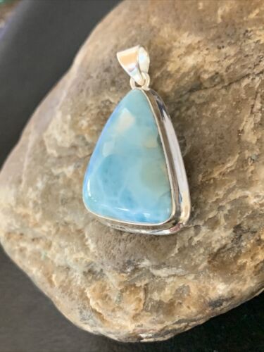 Navajo Sterling Silver Beads Necklace | Blue Larimar Pendant | Authentic Native American Handmade | 10830