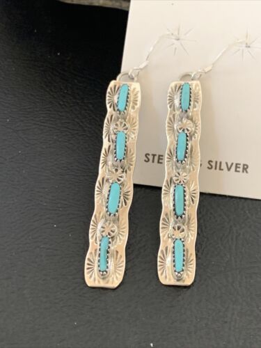 Navajo Turquoise Dangle Earrings | Sterling Silver | 2" Long | Authentic Native American Handmade | 12122