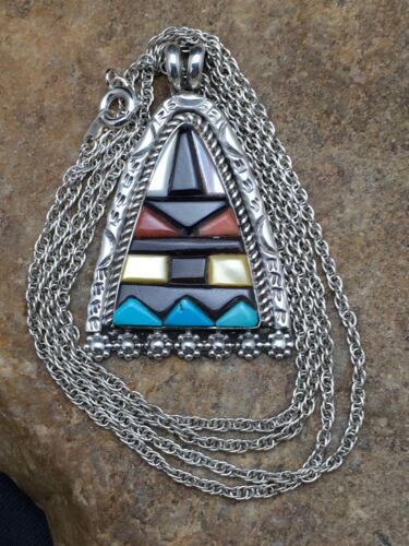 Navajo Multi-Color Turquoise Pendant Necklace | Sterling Silver | Authentic Native American Handmade | 20" | 4093