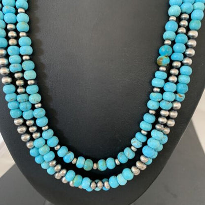 Navajo Blue Turquoise Sterling Silver Graduated Bib Necklace | 3-Strand | 22" | Authentic Native American | 02153