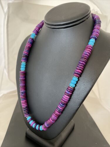 Navajo Sterling Silver Necklace | Purple Sugilite & Turquoise Beads | Authentic Native American Handmade | 21" | 1170